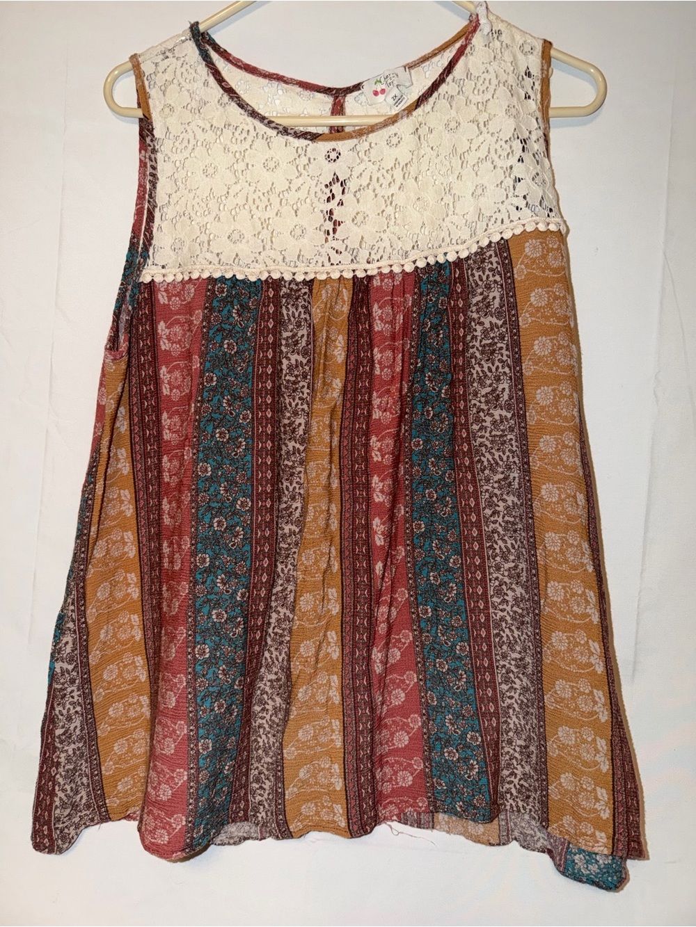 Boho Striped Lace Yoke Sleeveless Tunic